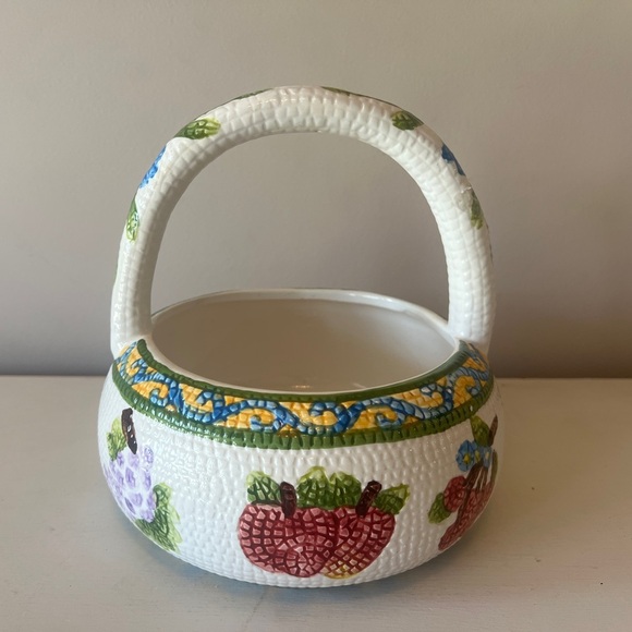 Vintage 1990s Ceramic Mosaic Quilted Fruits Vegetables Basket Bowl Jay Import - Picture 1 of 4